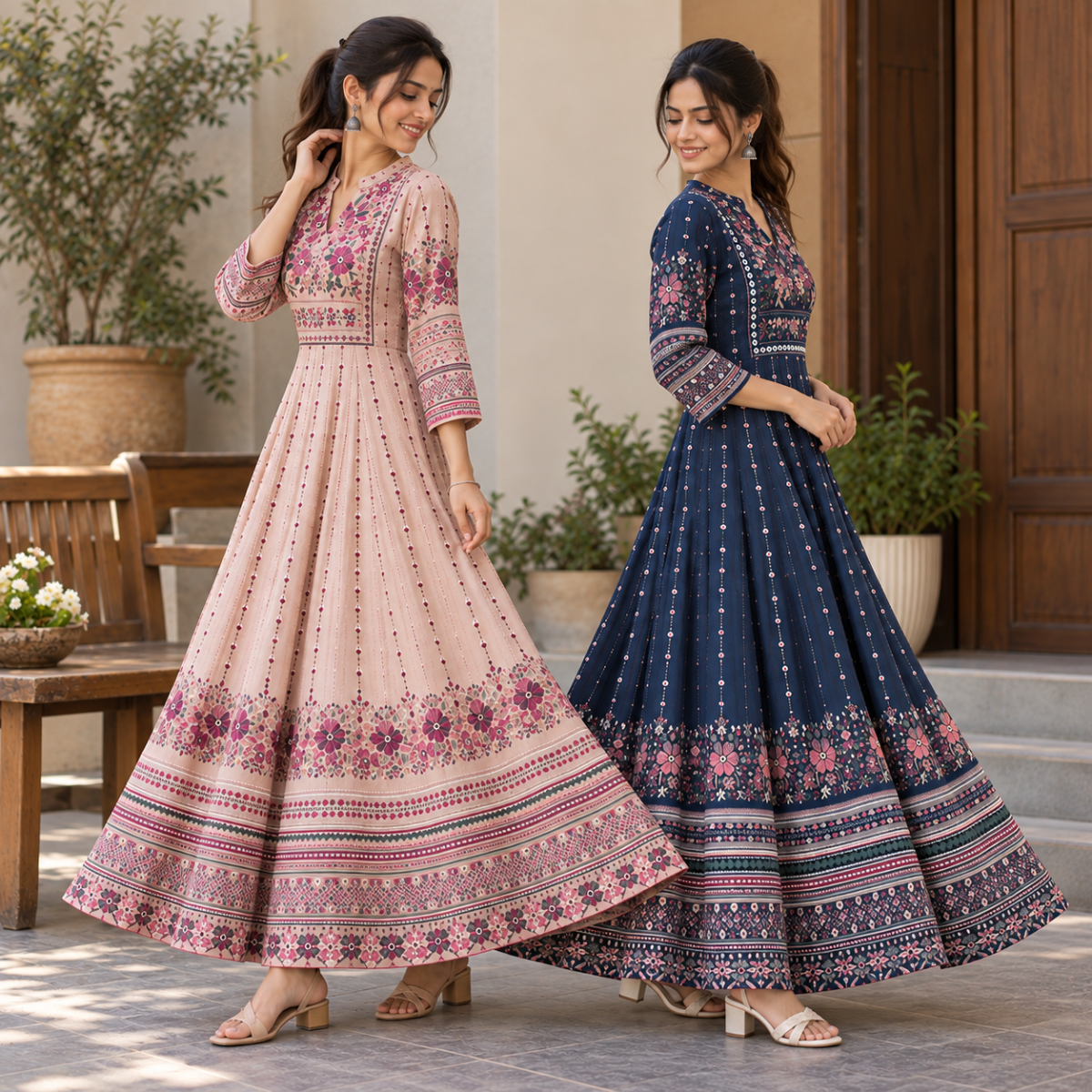 2 Pack Bohemian Ethnic Print Maxi Dress with Flowing Hem | B-18