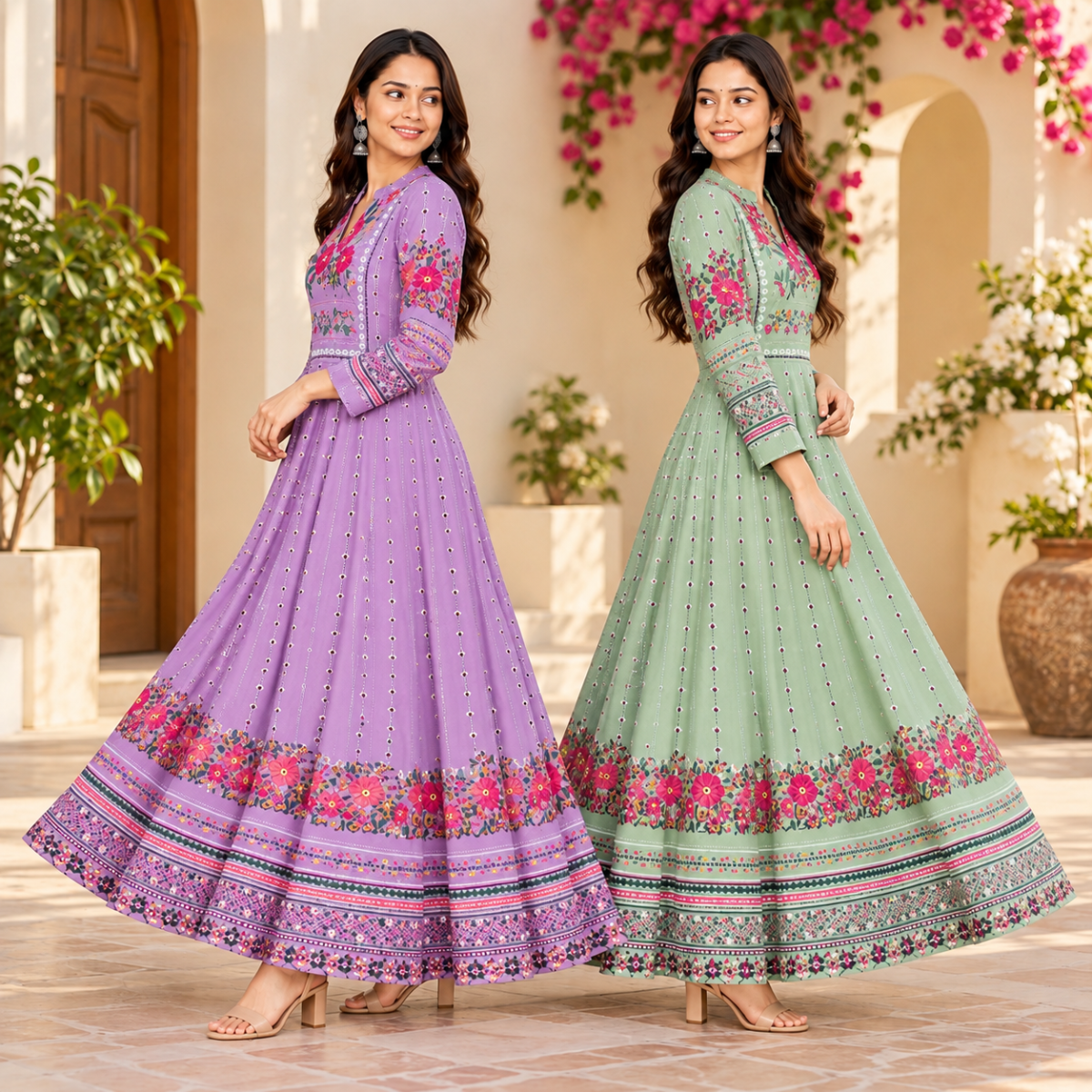 2 Pack Bohemian Ethnic Print Maxi Dress with Flowing Hem | B-19