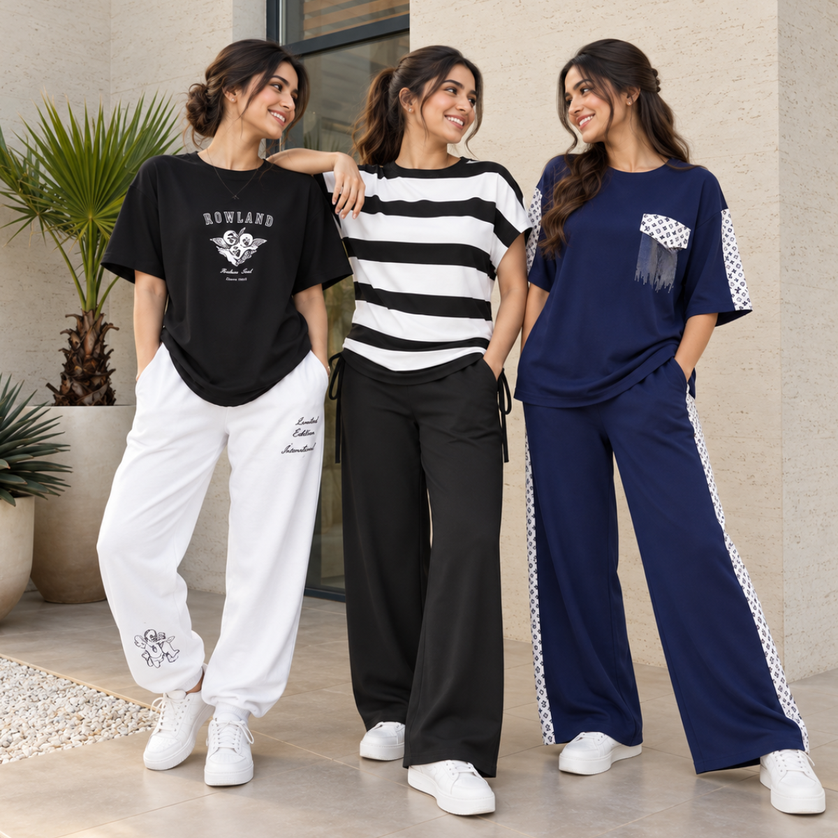 3 Women's Casual Wear T-Shirt With Trousers ( T9 )