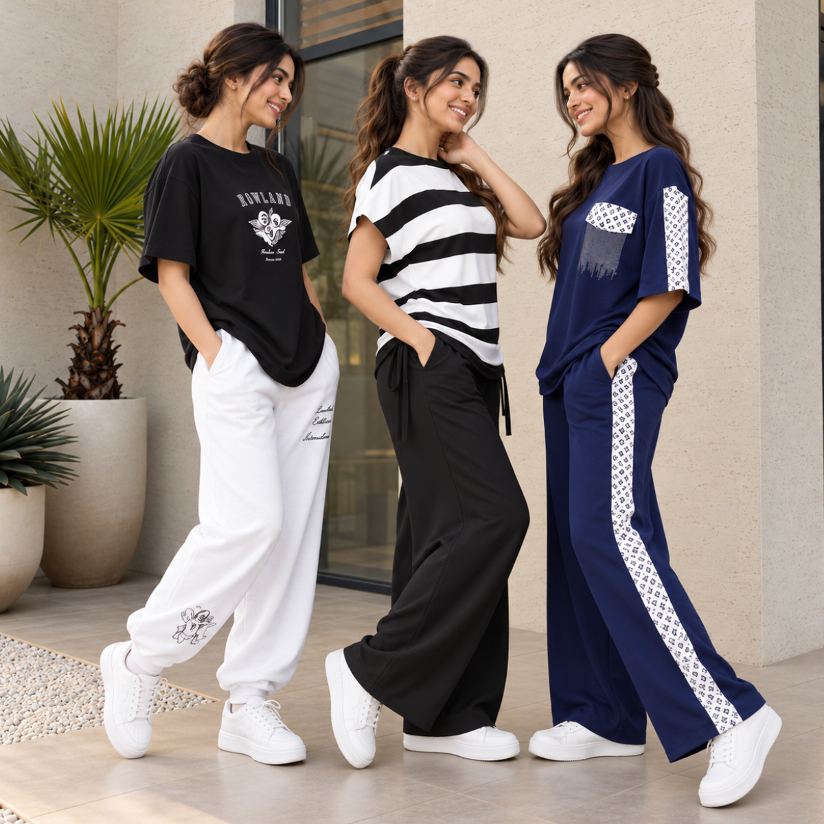3 Women's Casual Wear T-Shirt With Trousers ( T9 )