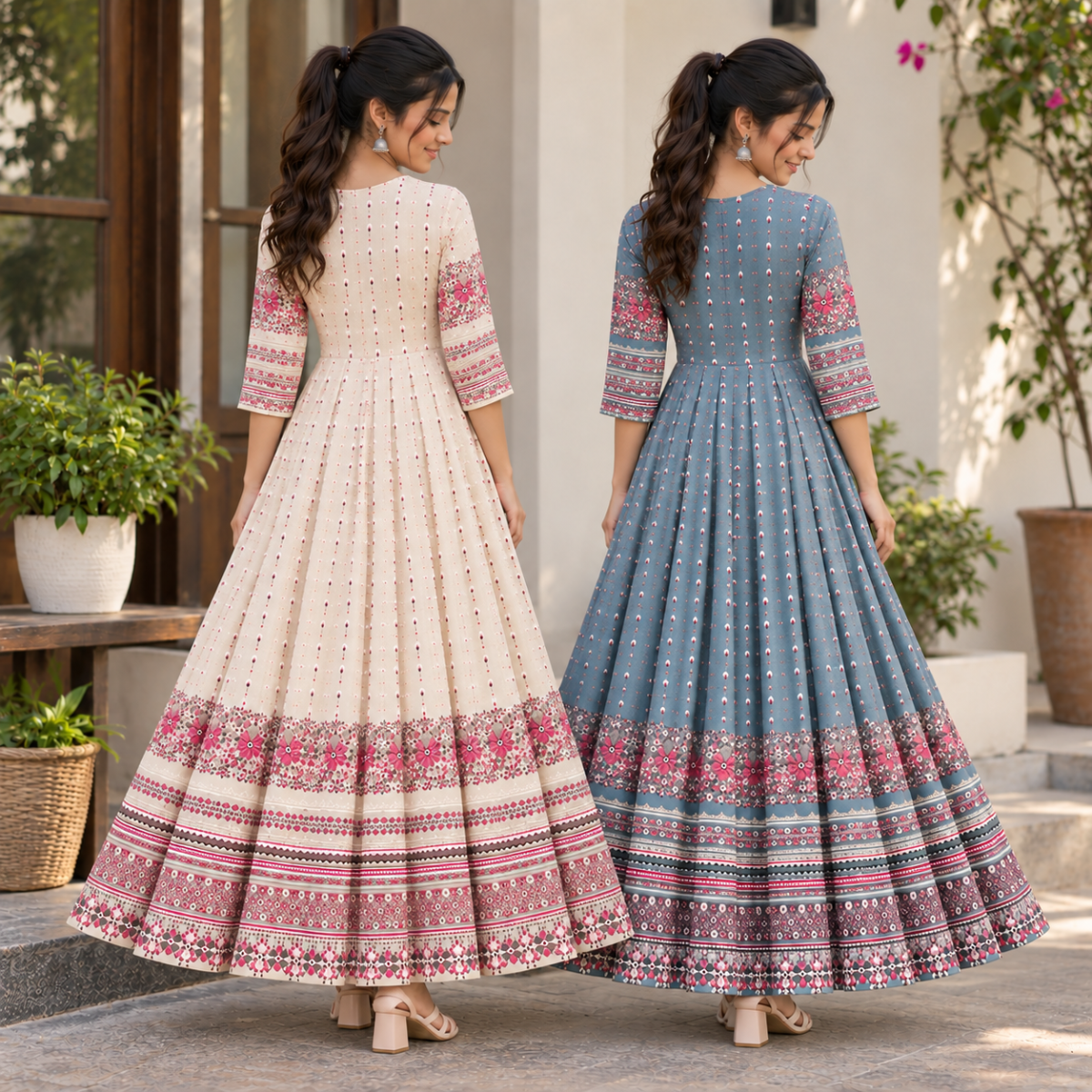 2 Pack Bohemian Ethnic Print Maxi Dress with Flowing Hem | B-23