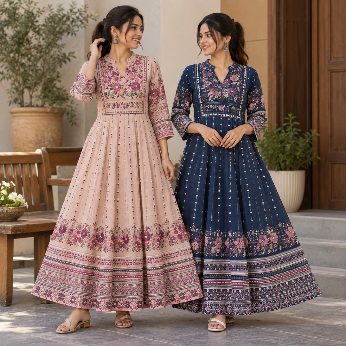 2 Pack Bohemian Ethnic Print Maxi Dress with Flowing Hem | B-18